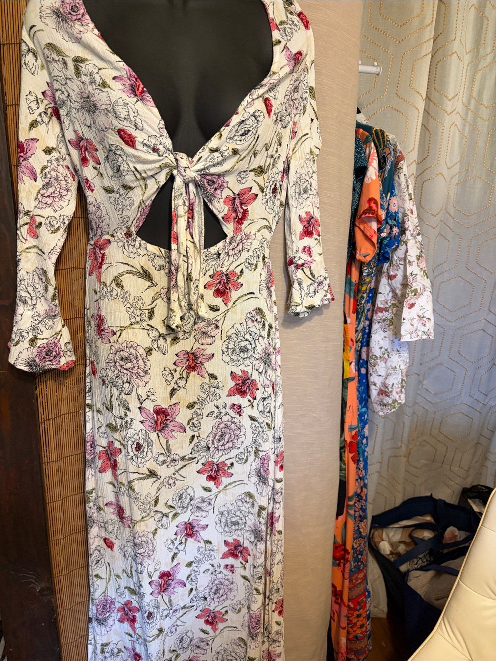 Floral Tie-Front Maxi Dress in Cream and Pink